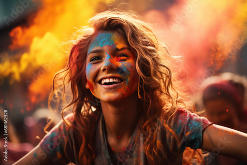 Girl celebrating Festival Holi. Holi is traditional holiday of Indian Culture