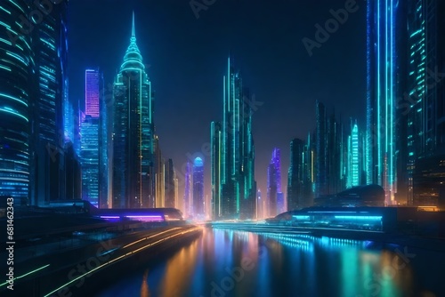 Futuristic cityscape at night  illuminated by vibrant lights  representing the dynamic and innovative nature of modern management.