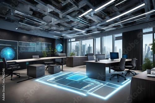 High-tech smart office with holographic displays and interactive digital documents.