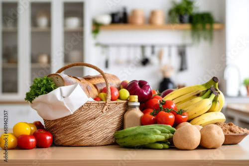 The kitchen table is stocked with ingredients for breakfast, such as bread and organic vegetables and fruits. A healthy menu with consideration and kindness for your family's health. photo