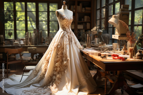 Wedding dress in luxury designer atelier or tailoring studio. Concept of fashion, handmade and couturier.