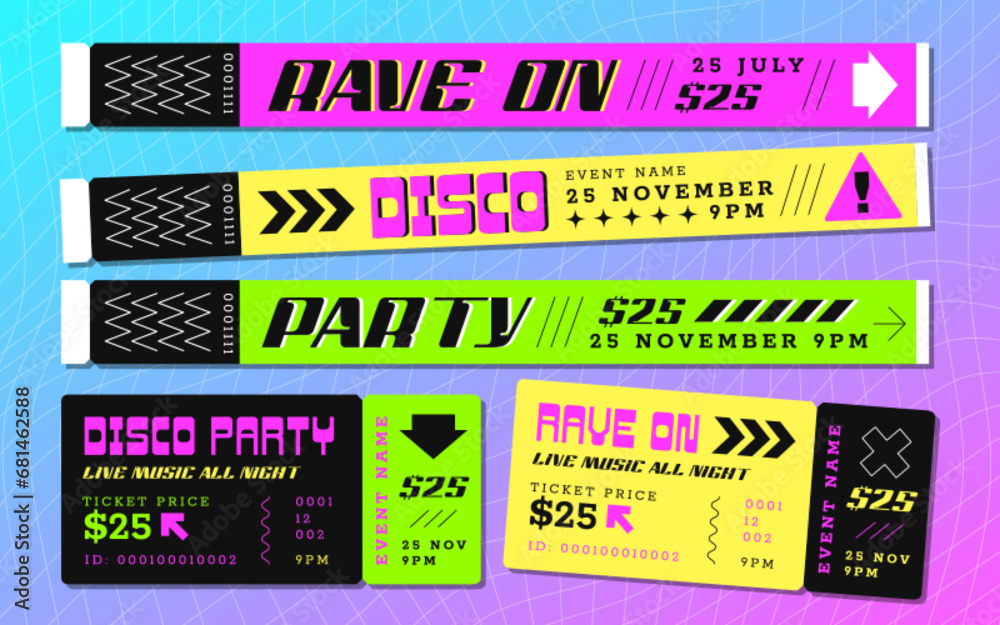 Obraz premium Festival bracelet and ticket for pass to event, disco. Paper hand band, color wristbands and night club party tickets. Vector illustration of music concert invitation with sample text. Access control.