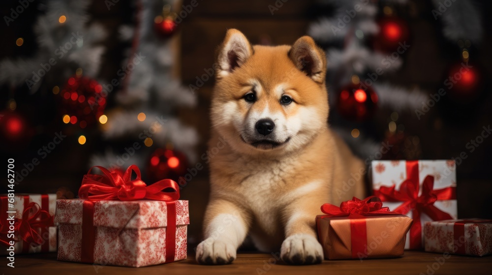 cute little puppy with Christmas decorations and lights on background cute little puppy with Christmas decorations and lights on background