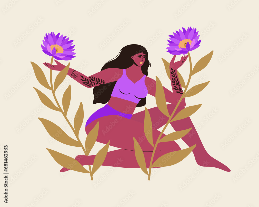 Beautiful woman in blooming flowers. The concept of mental health and love of women. Feminine concept illustration for cover, card, poster. Beautiful woman in blooming flowers. The concept of mental health and love of women. Feminine concept illustration for cover, card, poster.