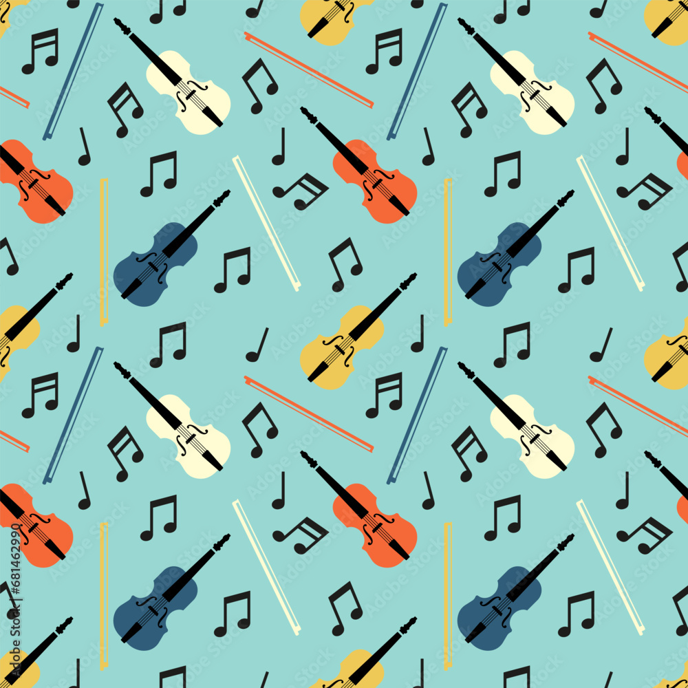 Vector seamless pattern with violins for printing on clothing, packaging, notepads and other purposes. Colorful abstract image with fiddle. Vector illustration