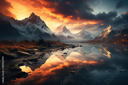 Beautiful landscape with high mountains with illuminated peaks, stones in mountain lake, reflection, blue sky and yellow sunlight in sunrise.