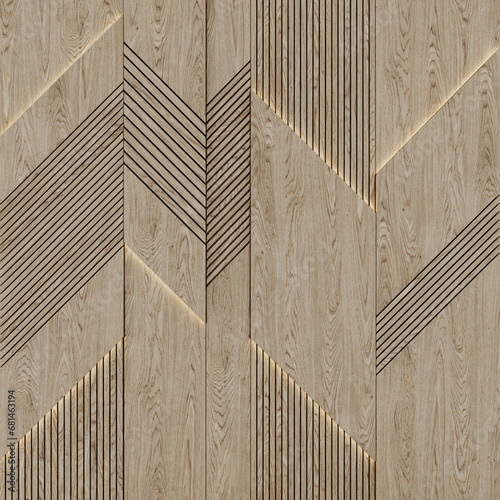 Fototapeta Naklejka Na Ścianę i Meble -  Wooden geometric decorative panel with backlighting. 3D render