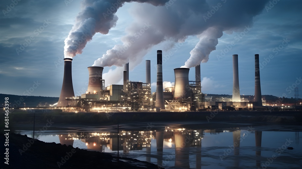 Power plant panorama, high-angle shot capturing coal-fired power plants, with massive chimneys and cooling towers dominating the skyline, emphasizing the industry's magnitude.