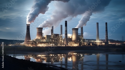 Power plant panorama, high-angle shot capturing coal-fired power plants, with massive chimneys and cooling towers dominating the skyline, emphasizing the industry's magnitude.