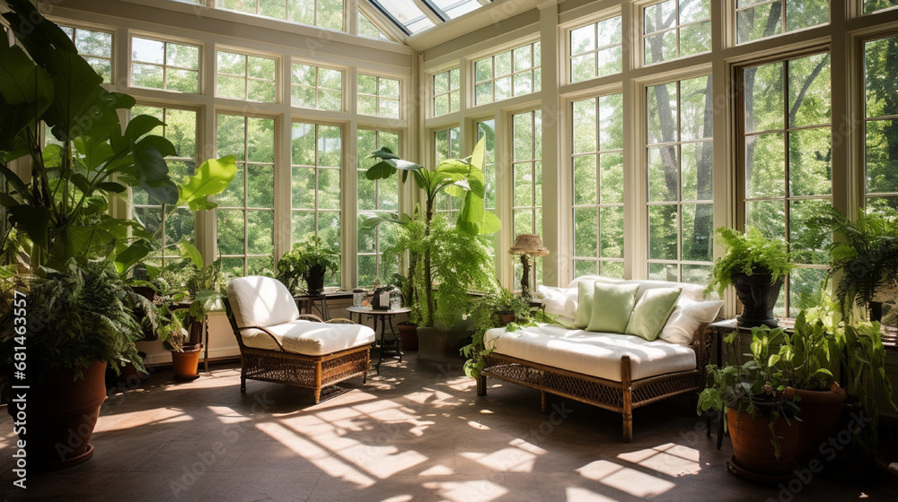 A sunlit conservatory with floor to ceiling windo
