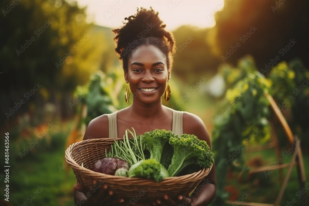 Black woman farmer with basket of fresh organic vegetables, happy gardener in apron and hat, rural agriculture lifestyle, sustainable living, homegrown produce harvest. Generative AI. - obrazy, fototapety, plakaty 