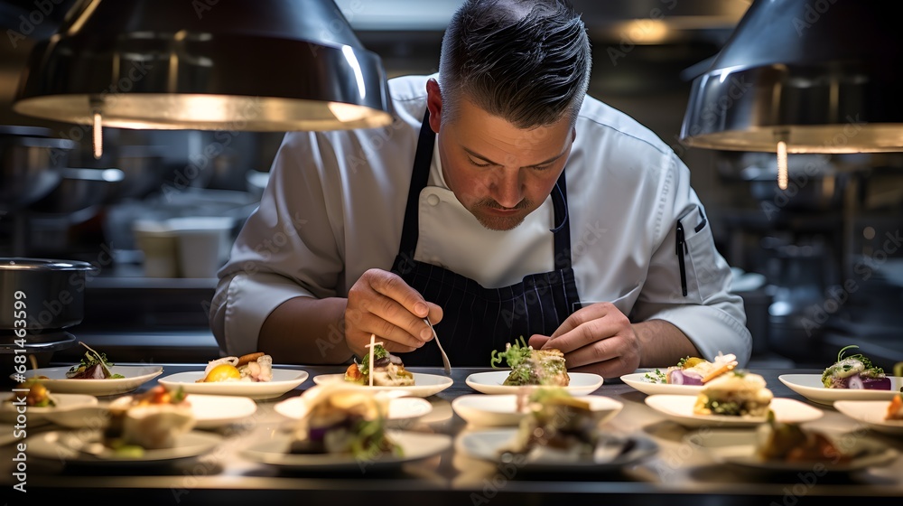 Chef's masterpiece, eye-level shot of a chef intensely focused on plating a gourmet dish, each ingredient showcased in its artful arrangement.