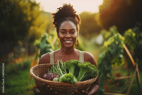 Black woman farmer with basket of fresh organic vegetables, happy gardener in apron and hat, rural agriculture lifestyle, sustainable living, homegrown produce harvest. Generative AI. photo