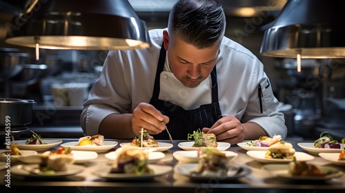 Chef's masterpiece, eye-level shot of a chef intensely focused on plating a gourmet dish, each ingredient showcased in its artful arrangement.
