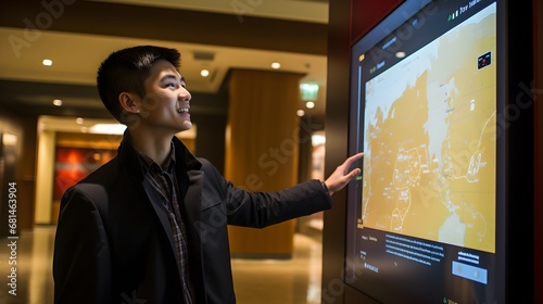 Digital concierge, close-up shot of a guest using an interactive screen in the hotel lobby, illustrating the blend of tradition and technology in modern hospitality.