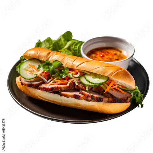 Bánh mì is a typical Vietnamese baguette served on a plate, transparent background