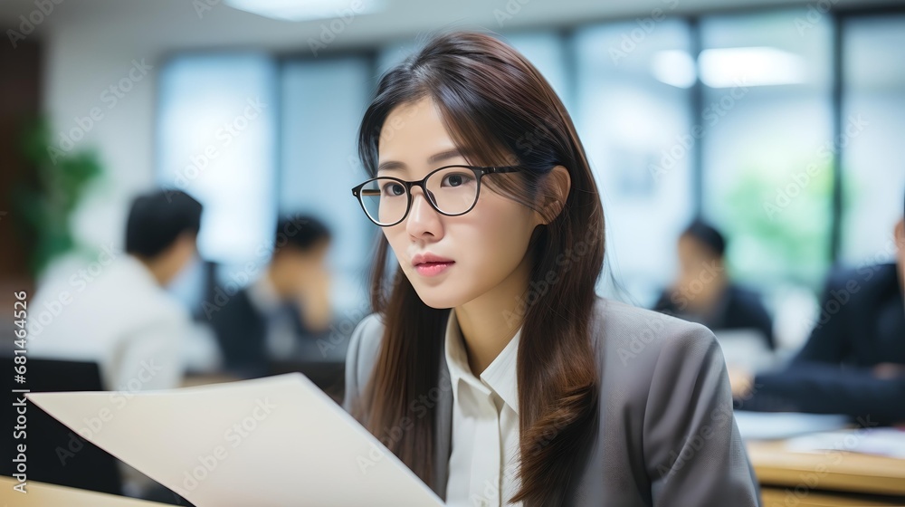 Confident businesswoman A young, professional woman working in a modern office environment, showcasing confidence, competence, and success in her corporate role.