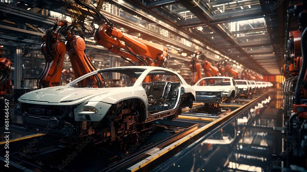 Automotive production an industrial setting cars are assembled on a production line, the technology, machinery, and precision in the manufacturing process.