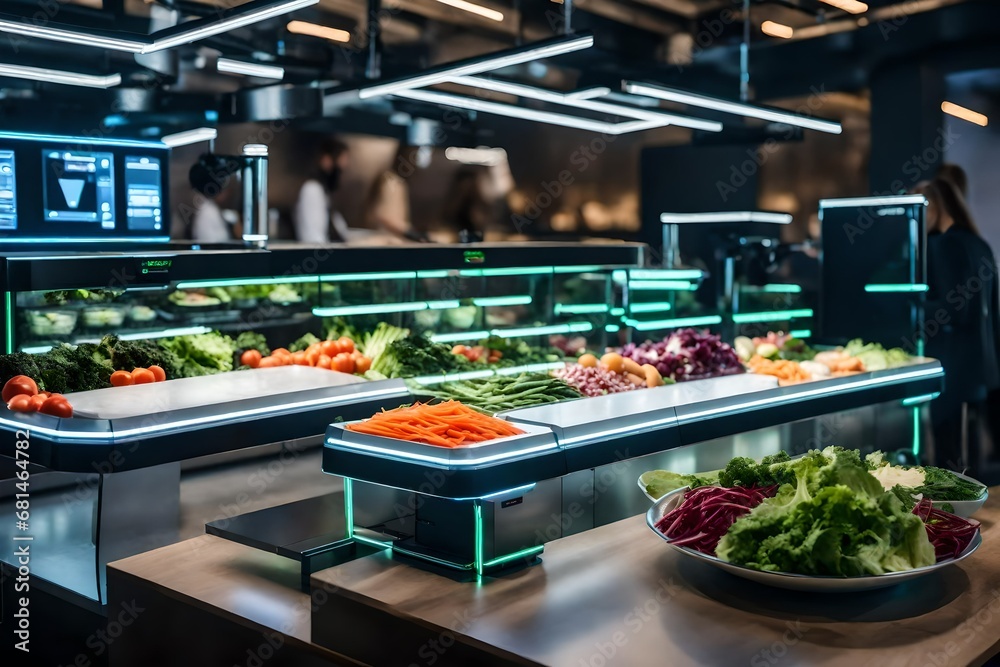 Create an innovative salad bar with AI-controlled robotic arms that assemble personalized salads based on dietary preferences and nutritional needs