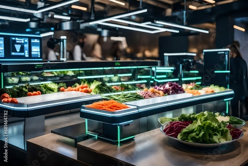 Create an innovative salad bar with AI-controlled robotic arms that assemble personalized salads based on dietary preferences and nutritional needs photo