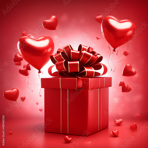 Beautiful shiny red gift box with big bow and heart-shaped balloons on white-red background. Valentine's Day gift, holiday surprise, declaration of love. Valentine's Day card concept.