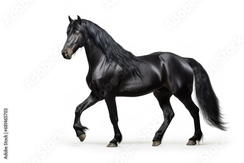 Image of black horse running on white background. Wildlife Animals. Mammals.