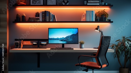 Home workplace with warm led desk lighting and large computer monitor