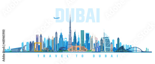 Dubai city landmarks horizontal colourful vector illustration on white background, UAE	