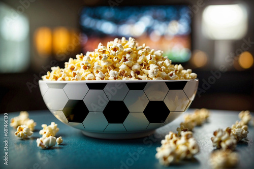 A white bowl of popcorn with a football design in the foreground in front of a blurred television screen showing a Euro 2024 football match.
