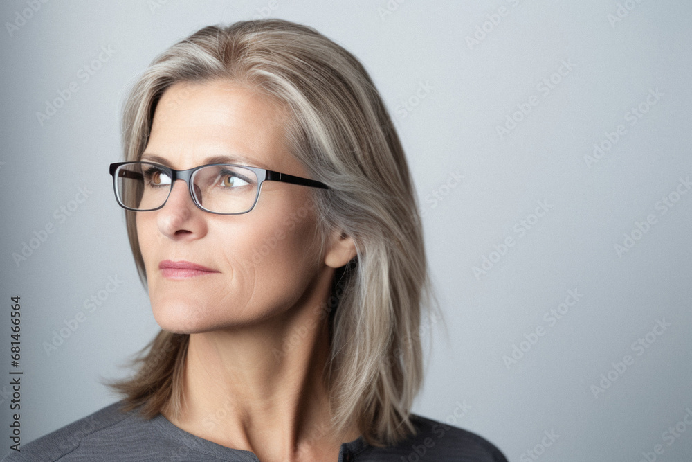 Portrait of a mature woman with eyeglasses looking away.
