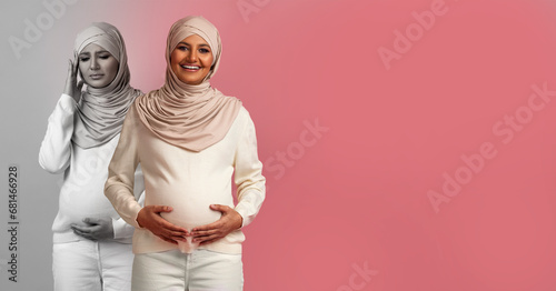 Mood Swings During Pregnancy. Pregnant Muslim Woman In Hijab Expressing Different Emotions