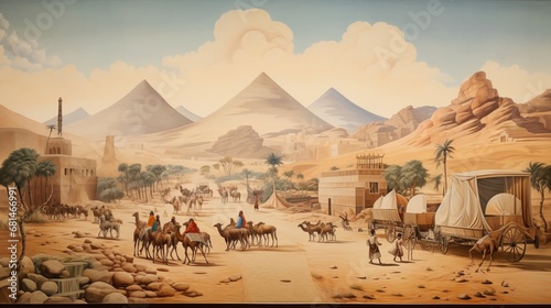 a mural illustrating the journey of an ancient Egyptian trading caravan