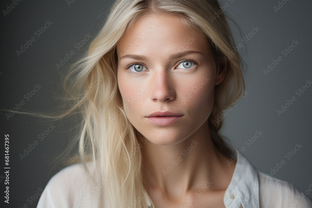 Naklejka premium Portrait of beautiful young blonde woman looking at camera isolated on grey.
