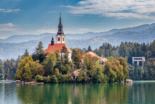 Bled, Slovenia. 09 30 2023. Island on lake Bled with old church photo