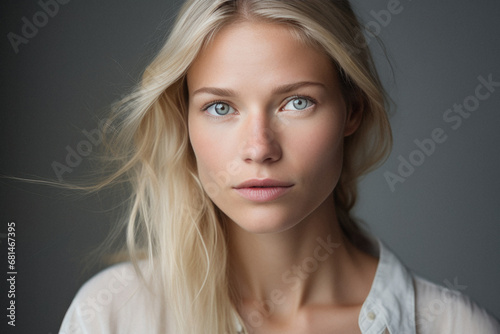 Portrait of beautiful young blonde woman looking at camera isolated on grey.