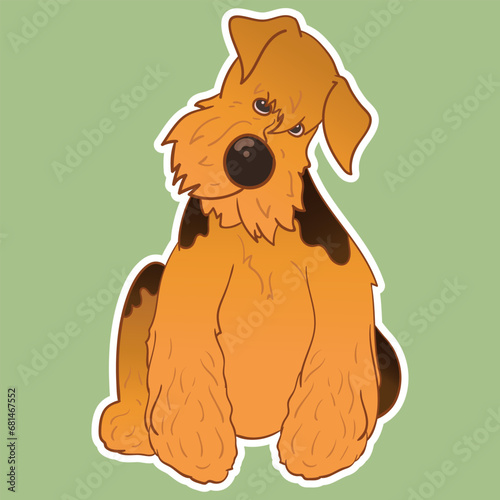 Sticker dog. Airedale Terrier. Funny sticker with a dog. Cartoon style. Set of stickers. Cartoon character for comics and postcards