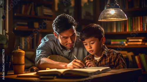 An Asian father teaches his son at his desk in the living room in front of books