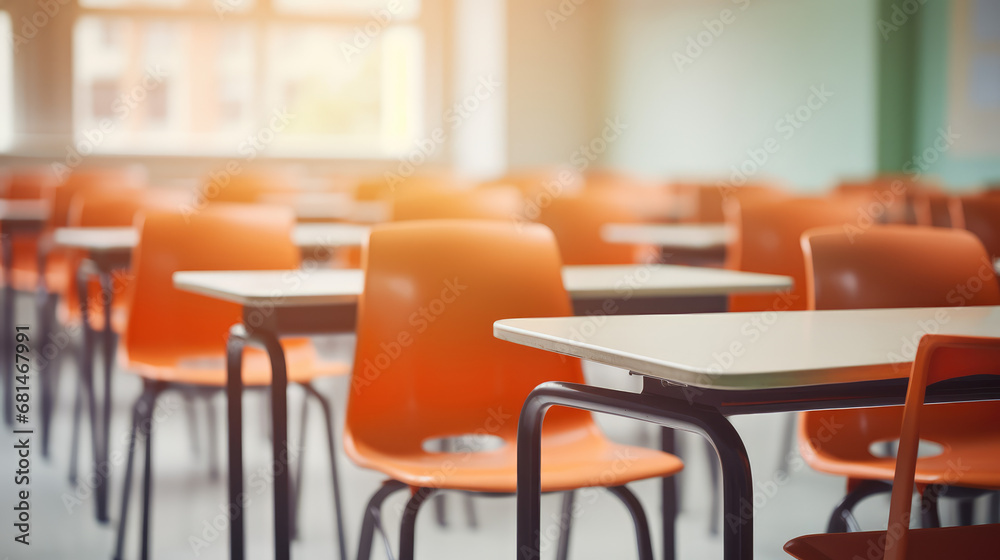 Empty sunny school classroom, nobody. High school or elementary school room, desks and chairs, education concept.