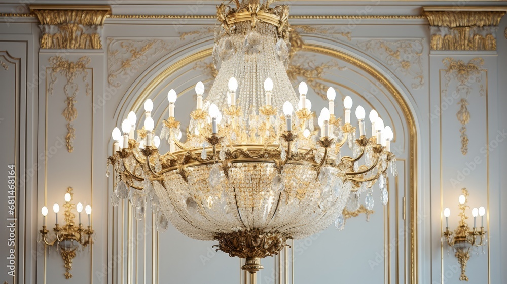 Fototapeta premium Luxury chandelier which is the highlight of the ballroom. Generative AI Technology 
