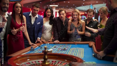 Casino Enthusiasts Making Calculated Bets at a Roulette Table. International Crowd of Young Beautiful and Handsome Adults Enjoying the Night Out Activity. One Lucky Gambler Grabbing the Jackpot photo