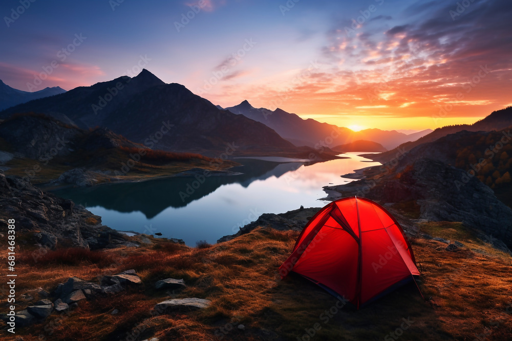 Tourist tent camping in mountains at sunset. Camping tent on mountain peak at sunrise, travel and vacation concept