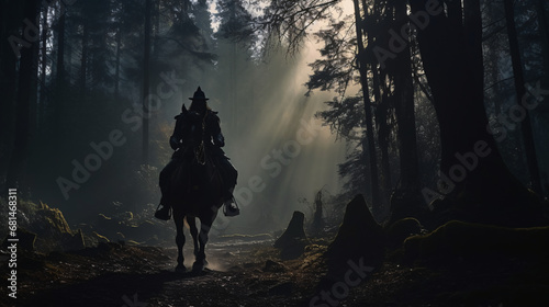 a medieval warrior on horseback silhouette. Generative  ai © ikkilostd