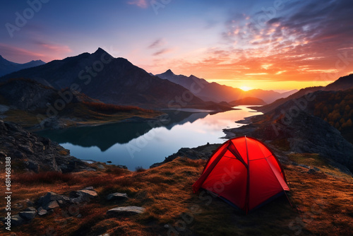 Tourist tent camping in mountains at sunset. Camping tent on mountain peak at sunrise, travel and vacation concept