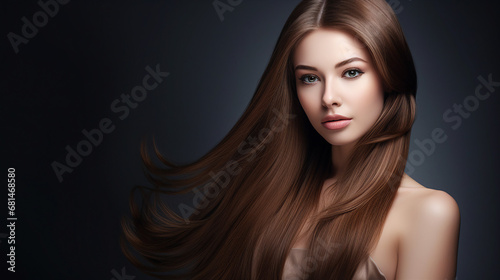 Woman with flowing brown hair on dark background
