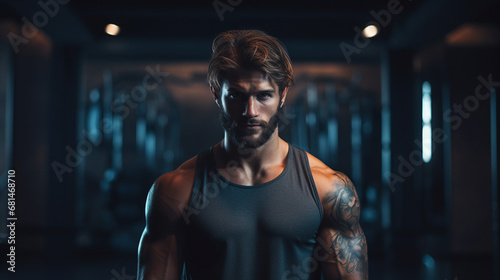 Fit man in a gym with tattoos and a focused, serious look