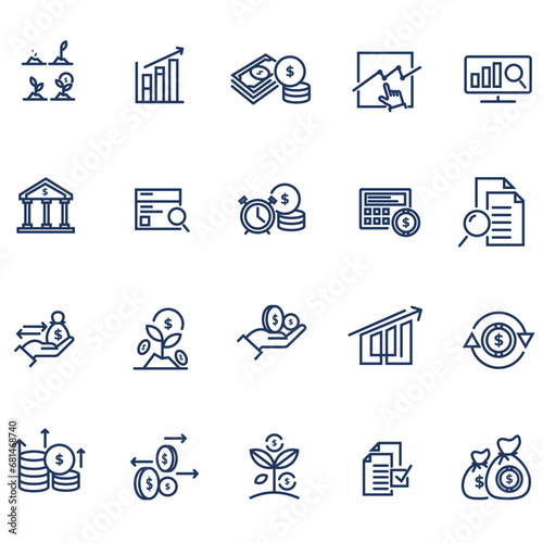 Collection of icons related to investment banking. finance, business, line icon