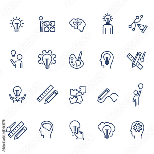 Creative business solutions related icon set. Innovation, team management, idea, brainstorm, thought. line icons