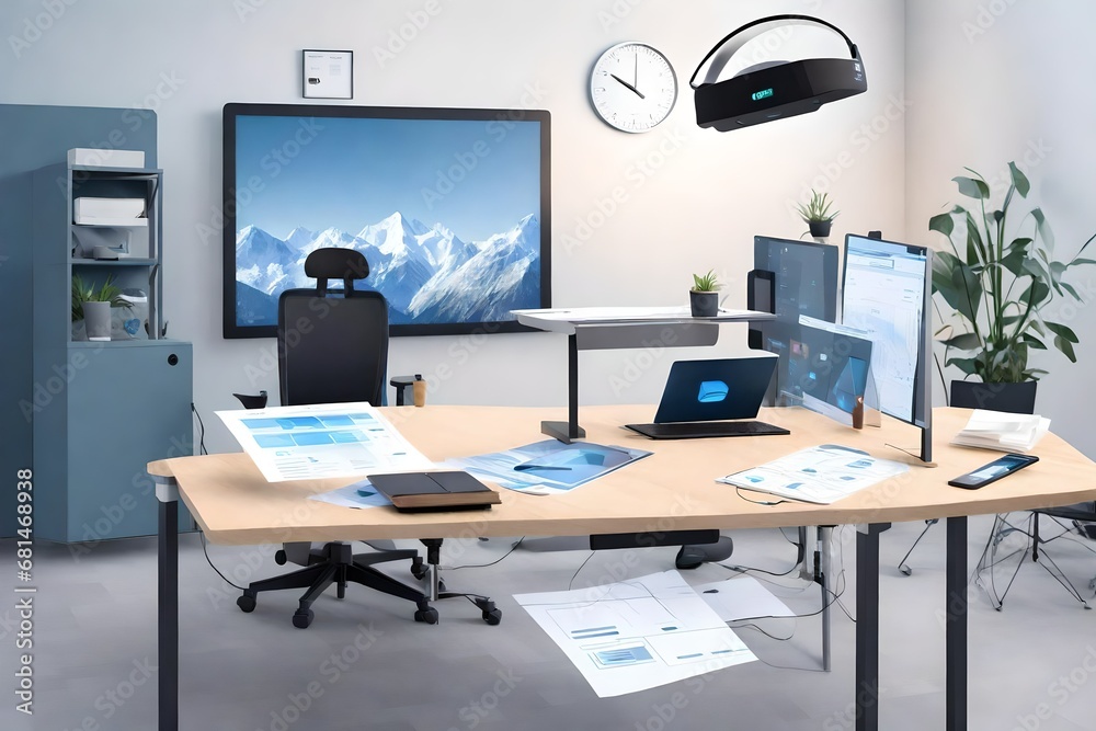 Smart office desk with an augmented reality headset for viewing 3D electronic documents.