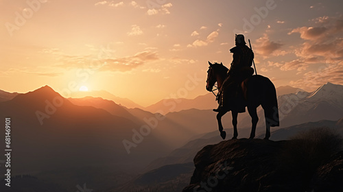 a medieval warrior on horseback silhouette. Generative  ai © ikkilostd