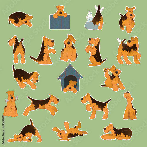 Set of stickers with a dog. Airedale Terrier. Cheerful puppy. Stickers in cartoon style. Puppy character. Sticker pack